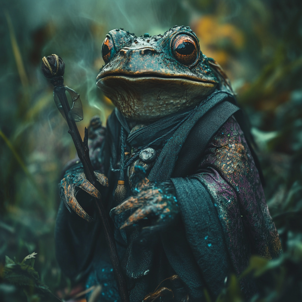 Old Japanese wooden frog wizard puppet in misty bog.