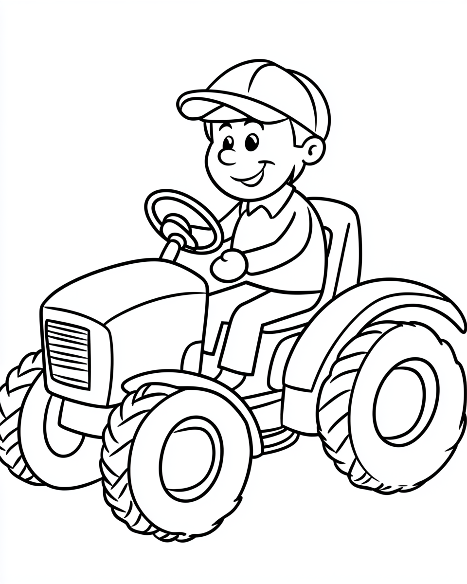 Old MacDonald drives a tractor in a coloring page.