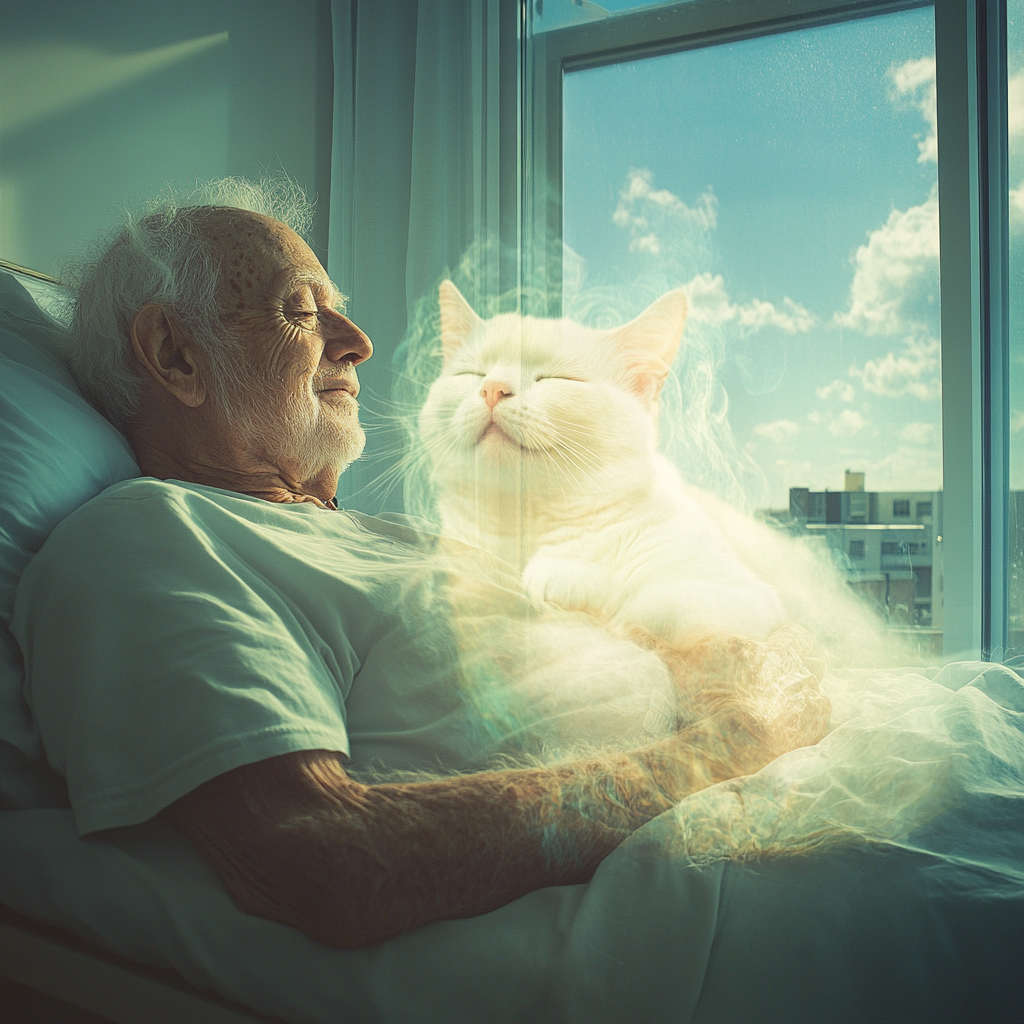 Old Man and Happy Cat in Sunny Room