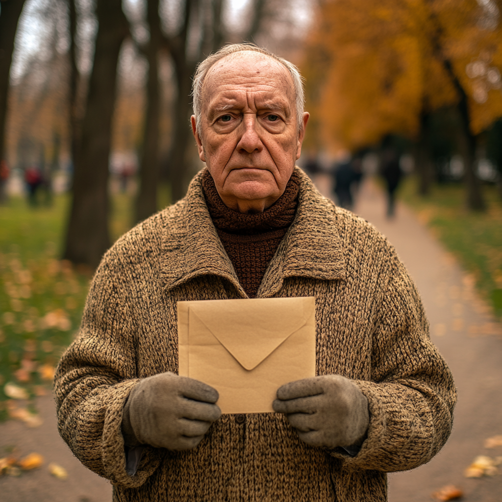 Old Man in Park Holding Envelope