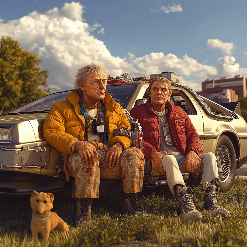 Old Marty McFly and Doc Brown with dog near.