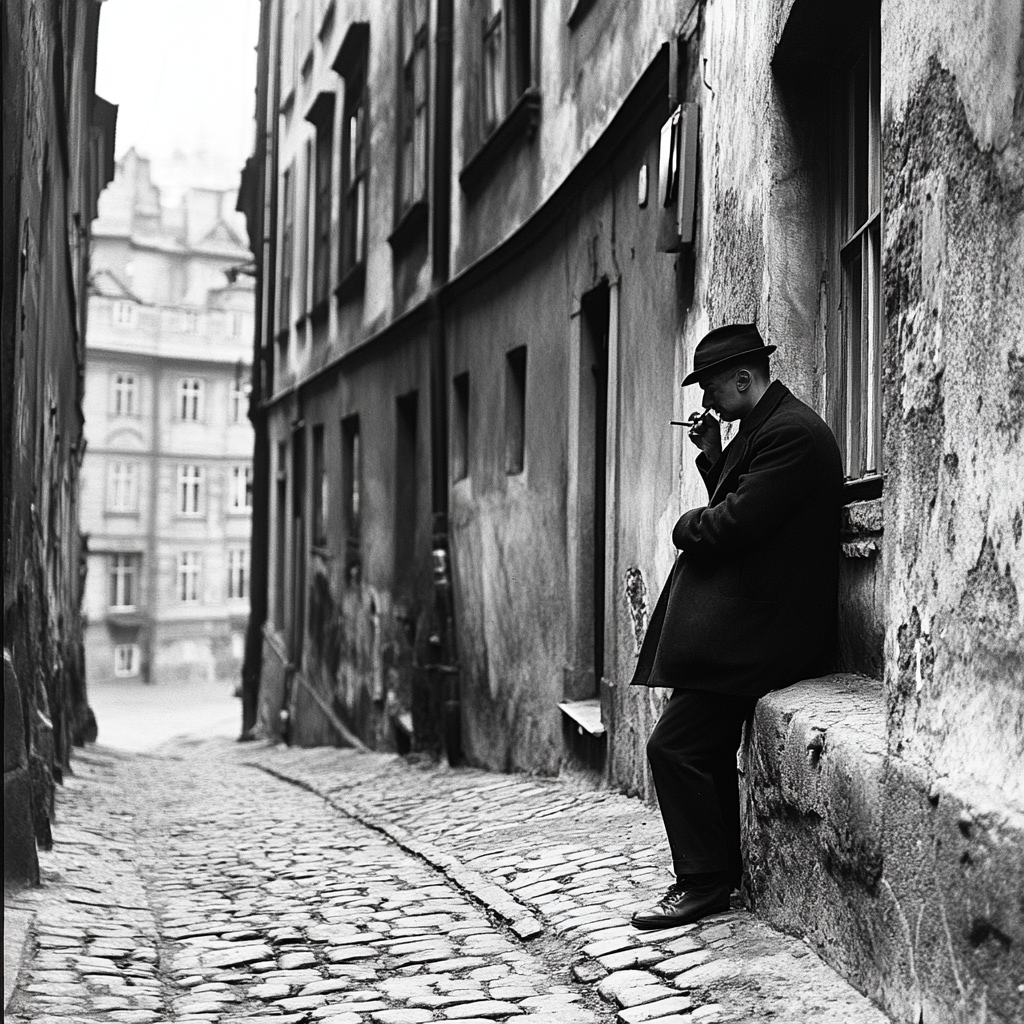 Old Prague street, post-war Czechoslovakia, man spy smoking.