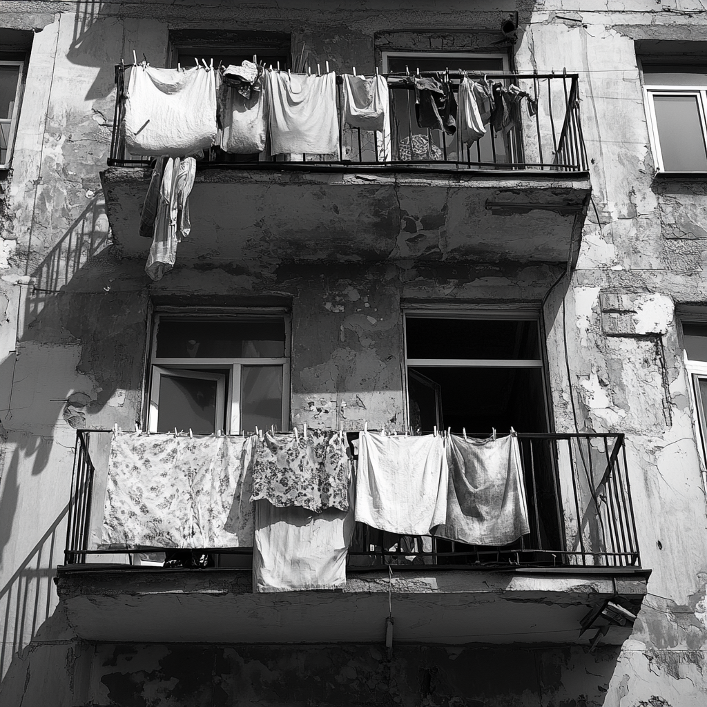 Old Russian style house with laundry hanging outside.