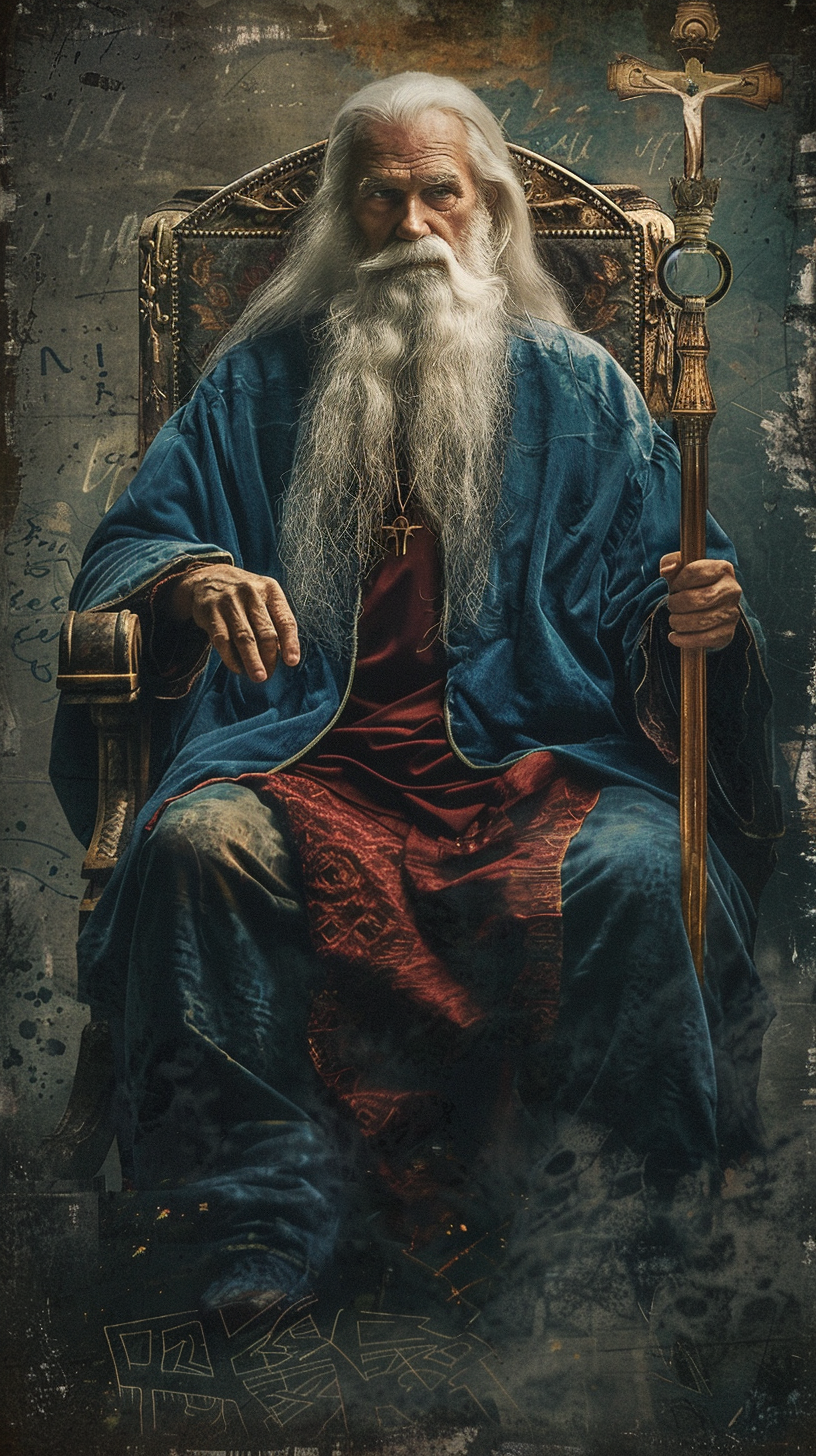 Old Tarot Card Elderly Man on Blue Throne 