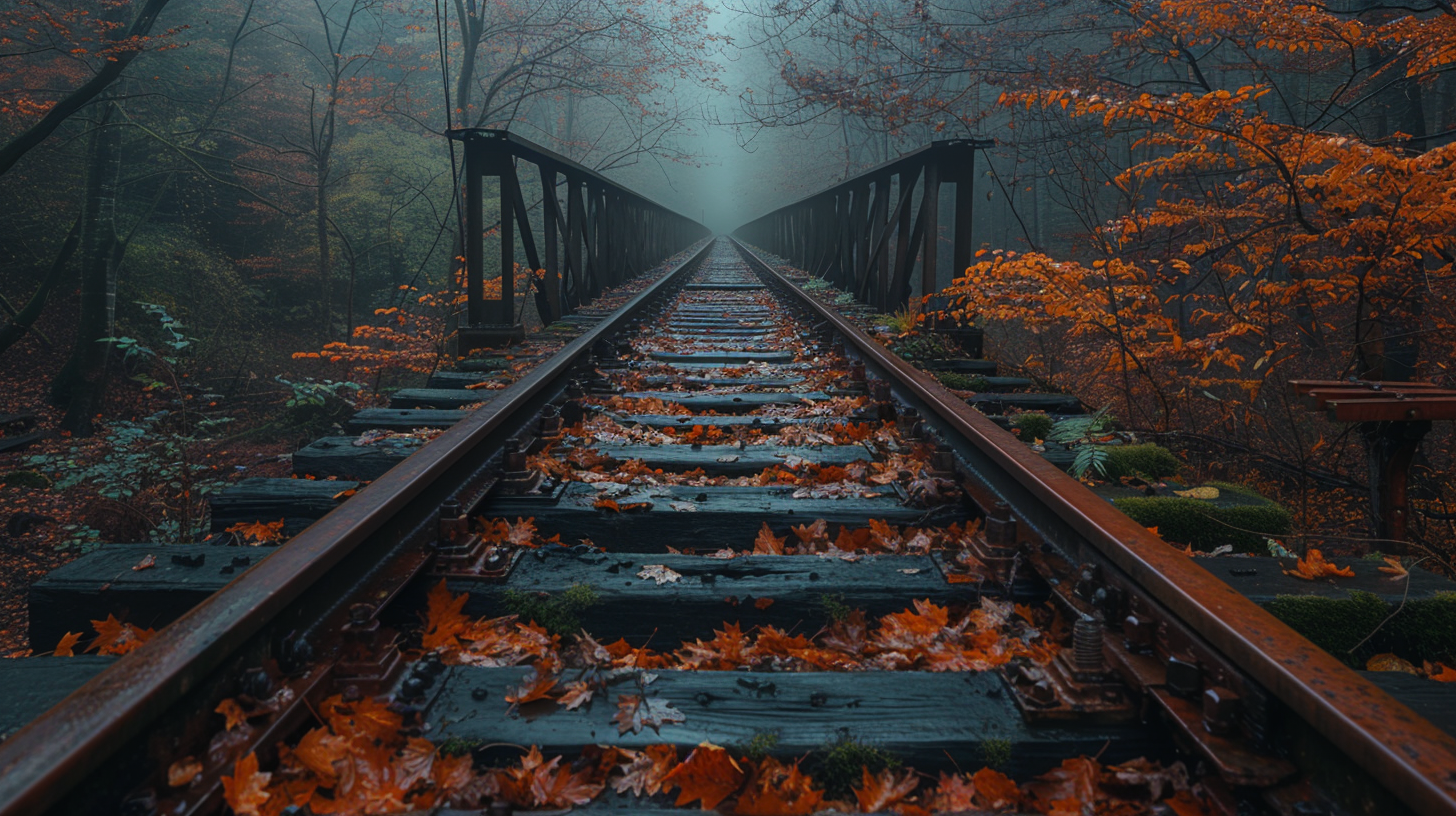 Old abandoned railway crossing in deep woods, rusted tracks.