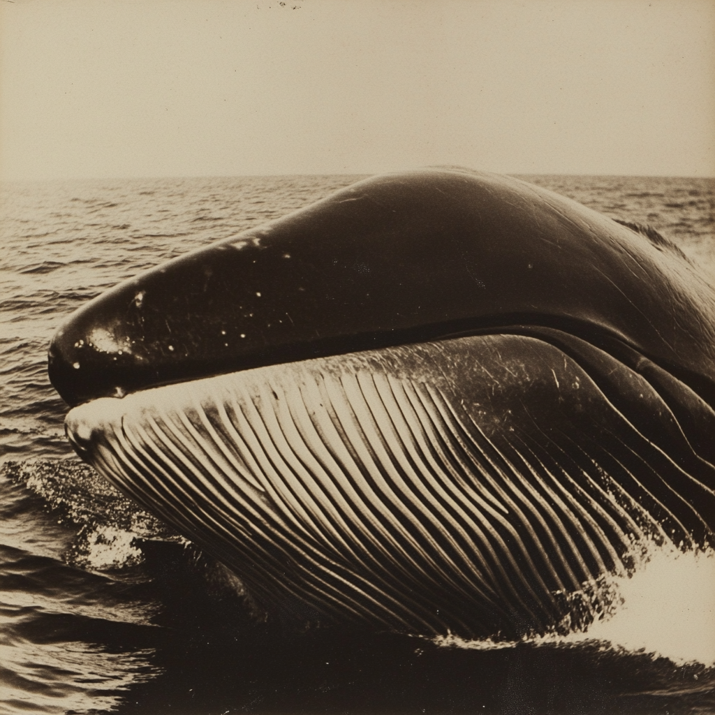 Old black and white photo of happy whale.