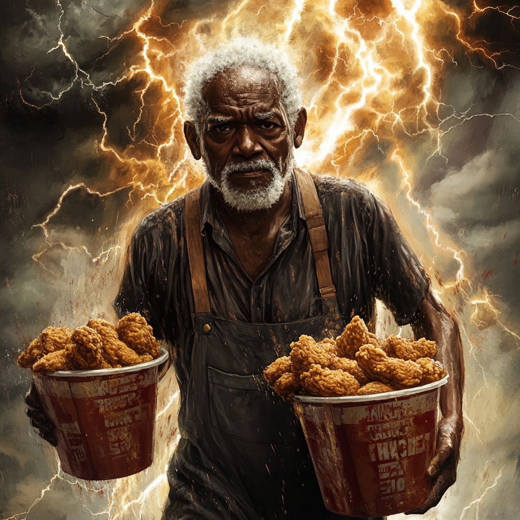 Old black man holds KFC buckets, lightning flashes behind.