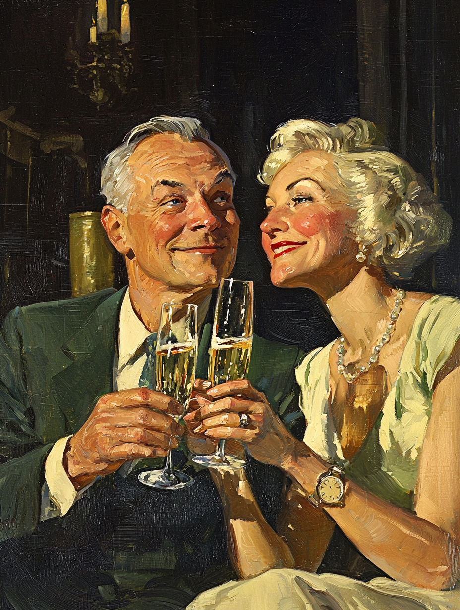 Old book cover with couple, drinking champagne, mystery style.