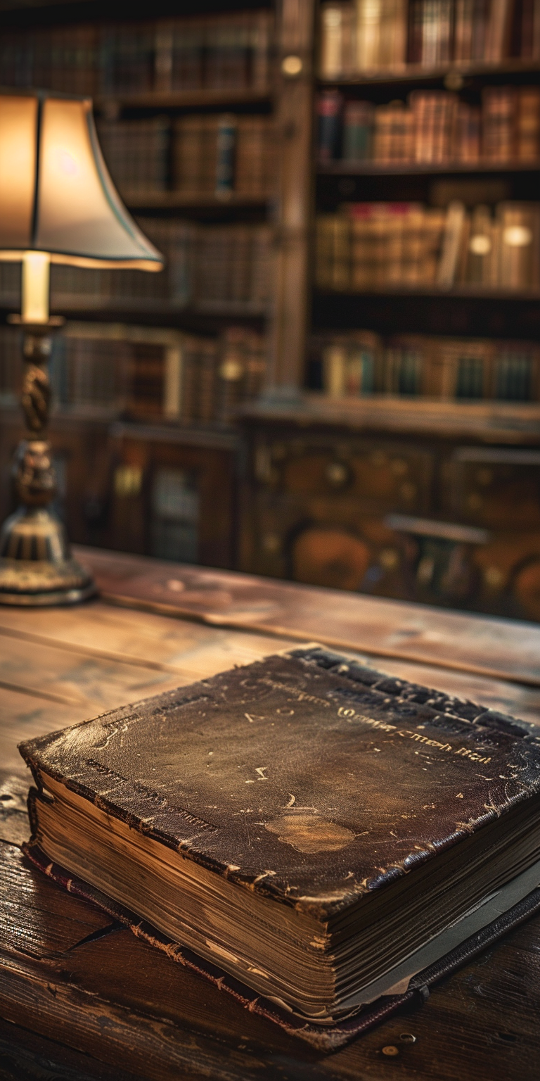 Old book on antique desk in dark library.