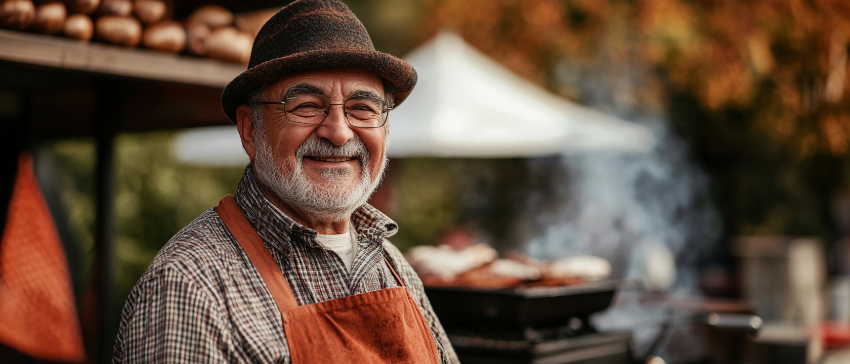 Old butcher in traditional clothes, smiling, standing outside.