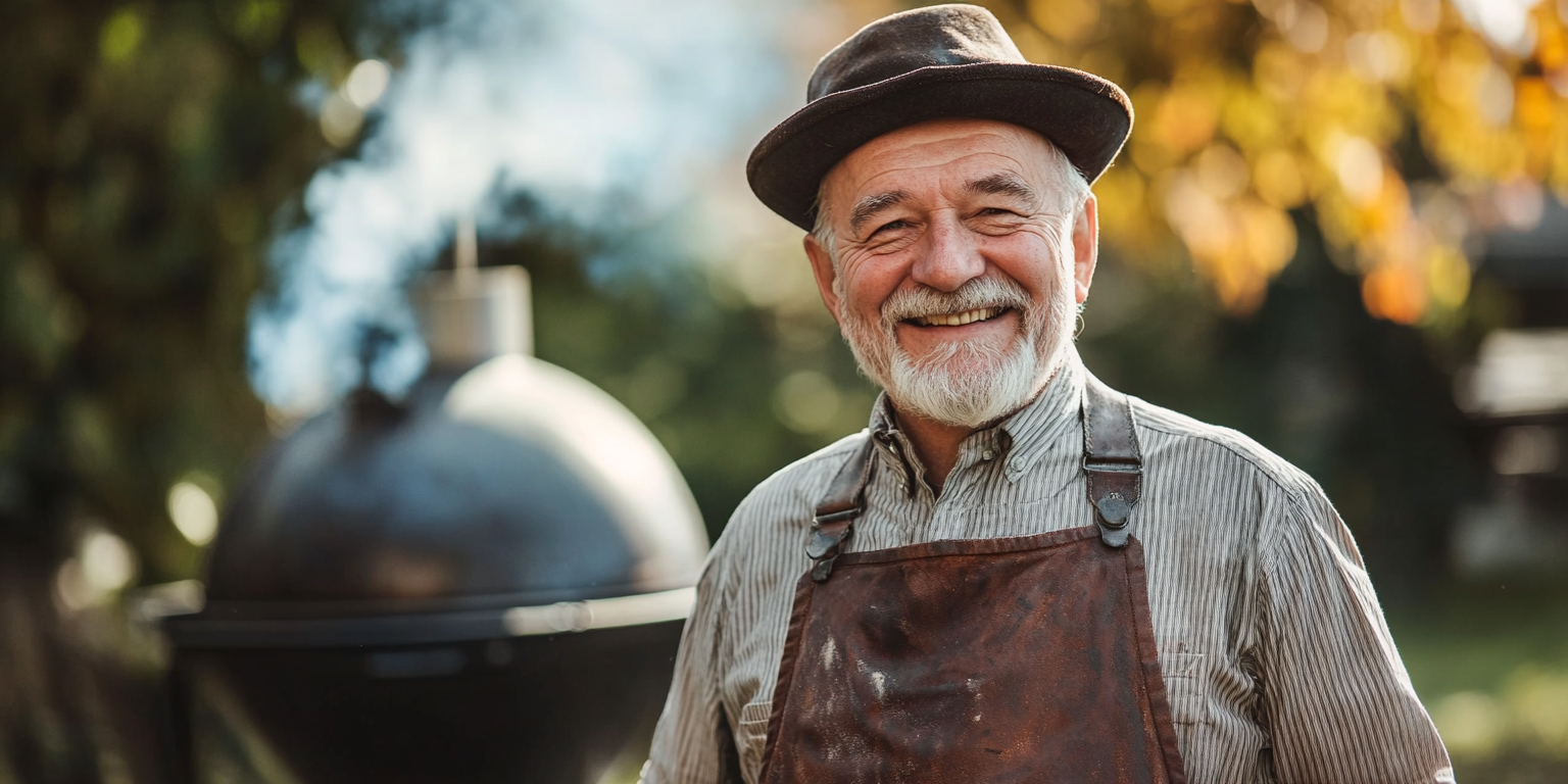 Old butcher in traditional clothes smiles in garden.