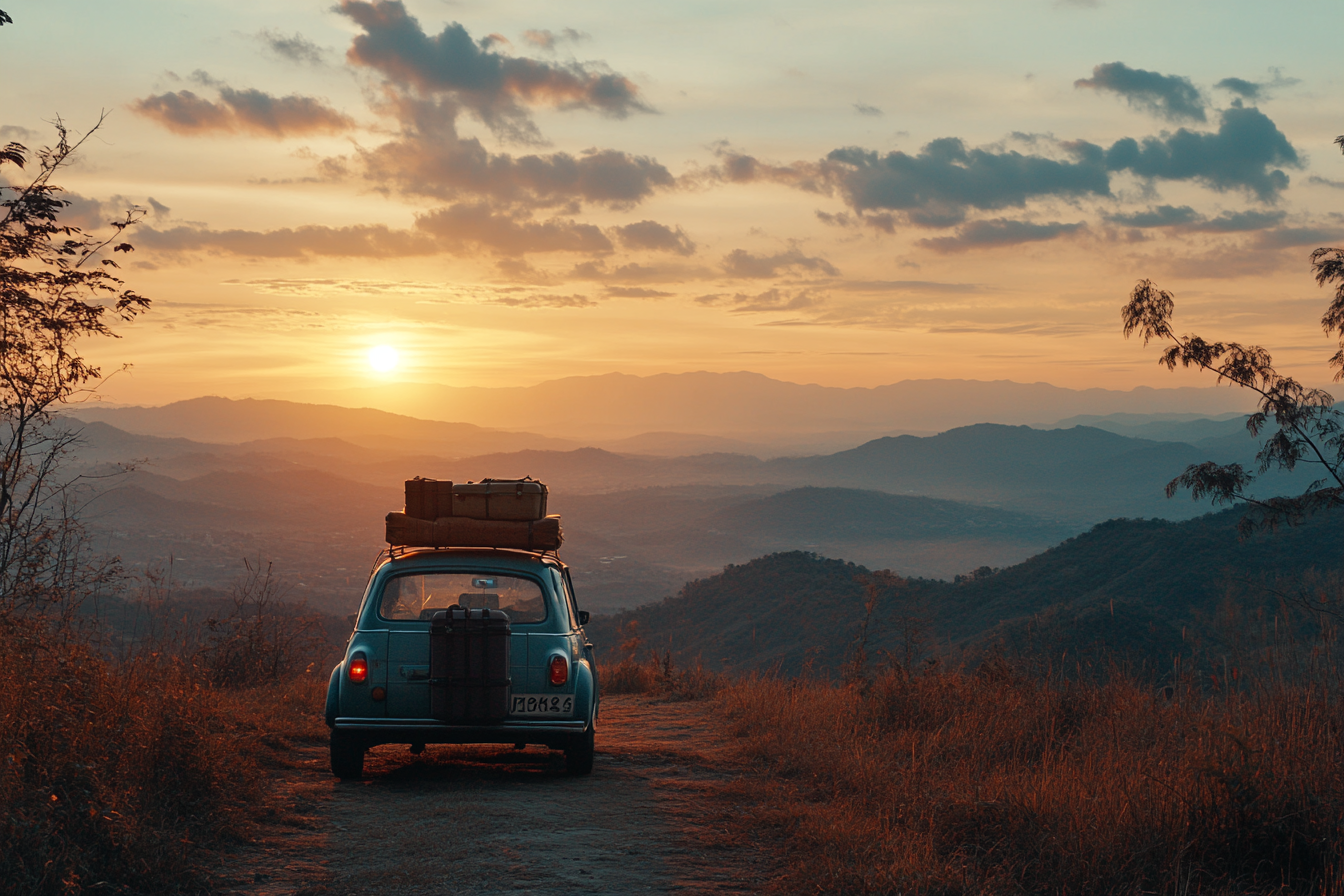 Old car with suitcases under beautiful sunrise scenery