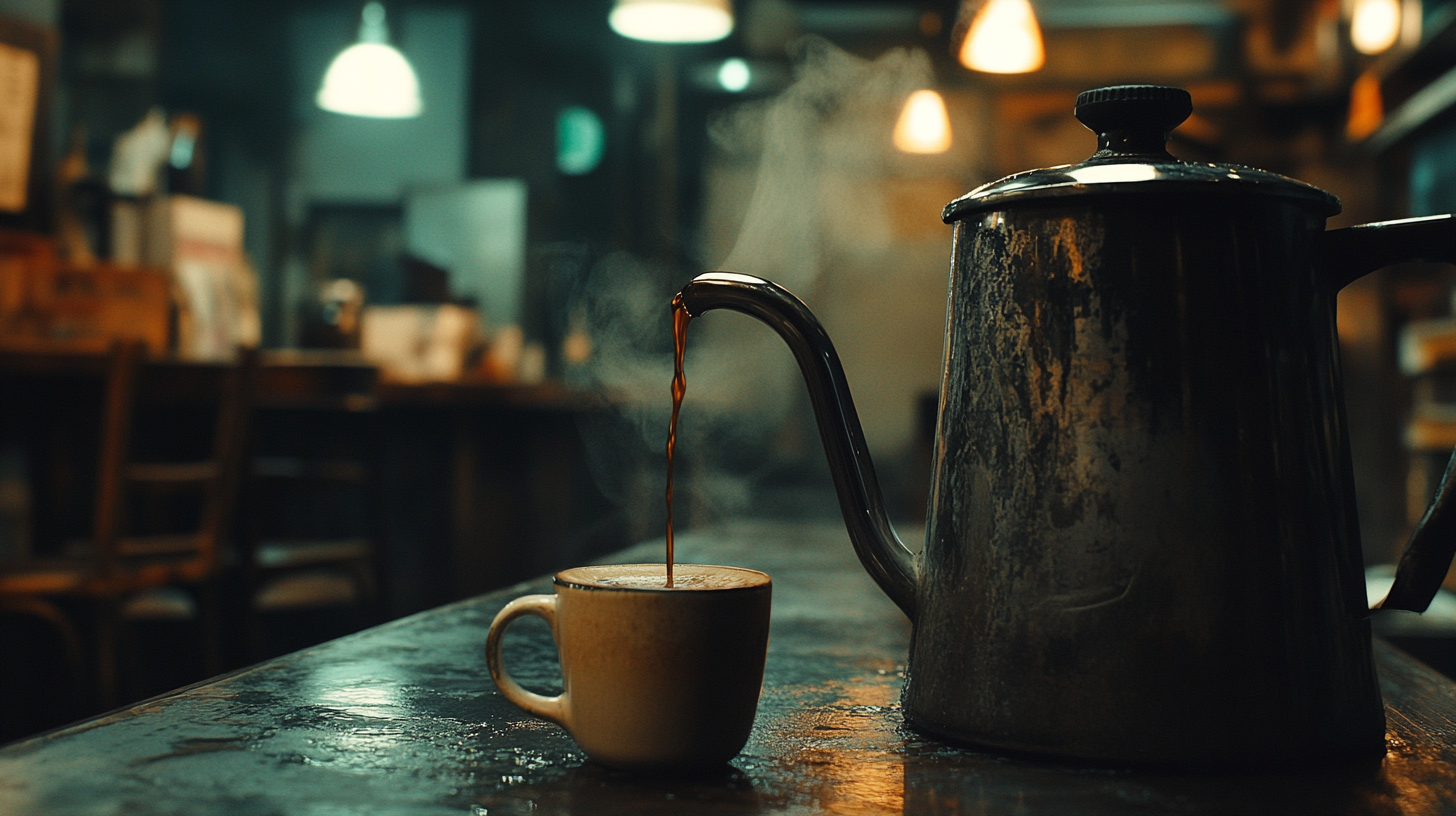 Old coffee pot pours dark liquid in café