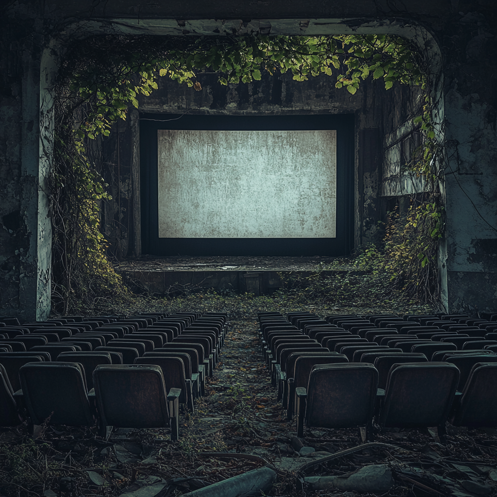 Old decaying movie theatre screen surrounded by empty seats.