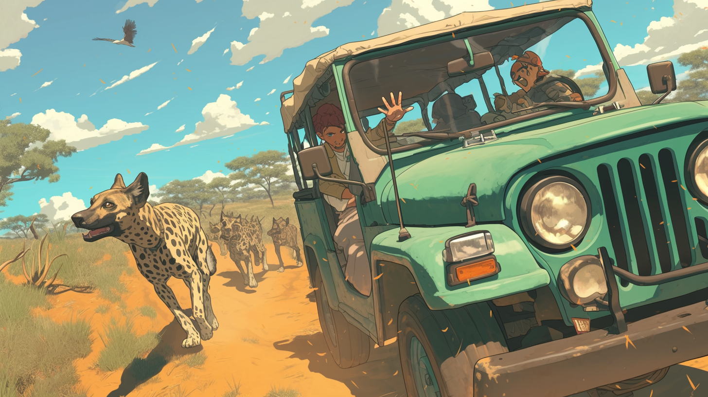 Old green jeep safari Sudanese brush spotted dogs