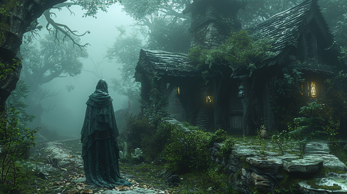 Old hag in foggy forest, strange hut background.