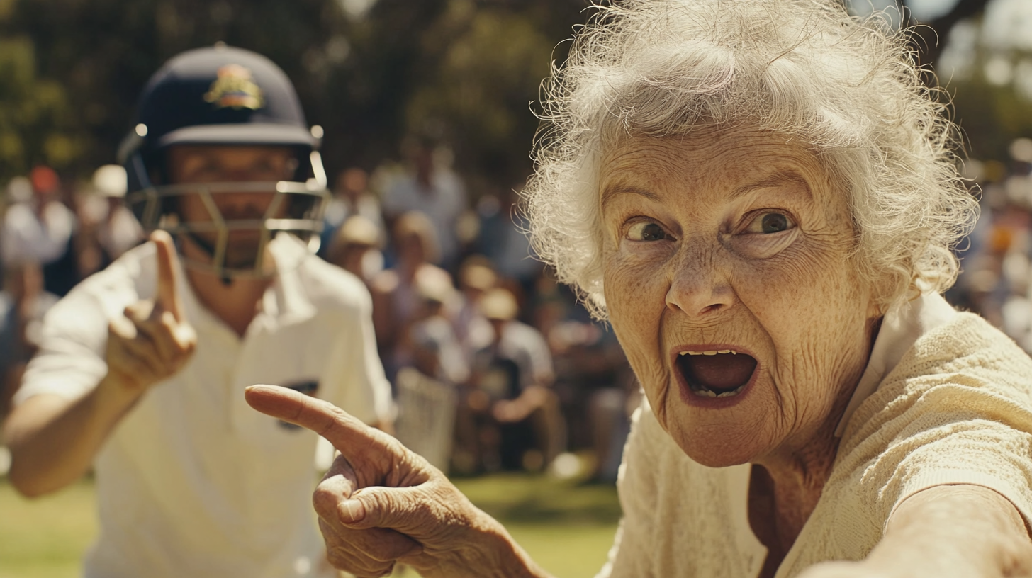 Old lady pointing finger guns at cricket batsman.