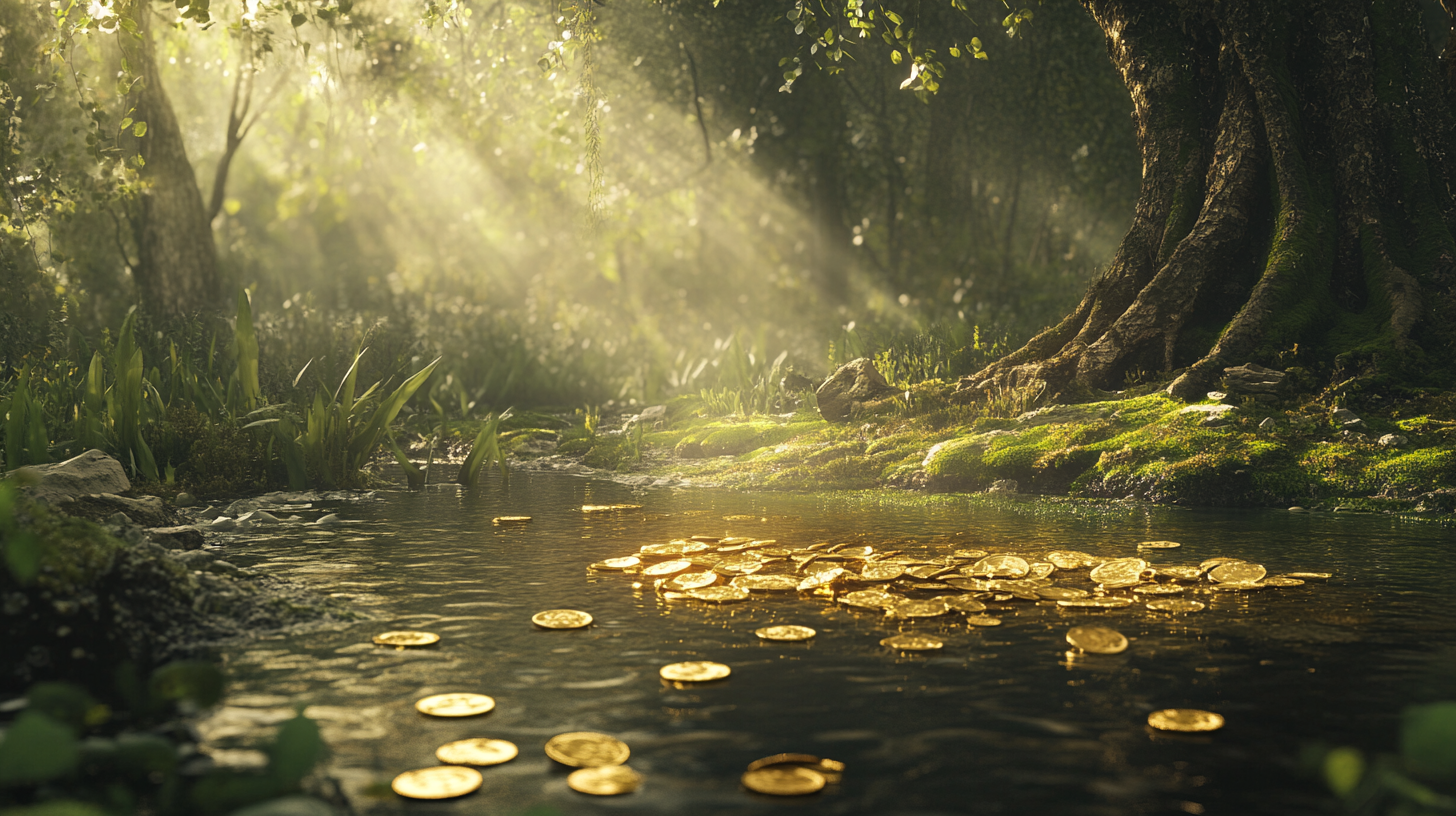 Old lake with bushes, trees, gold coins, equipment. Sunny day.