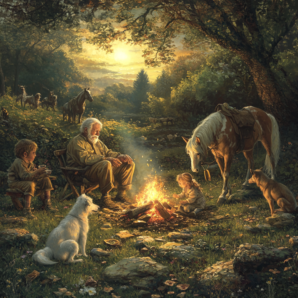 Old man, children, animals by campfire in harmony.