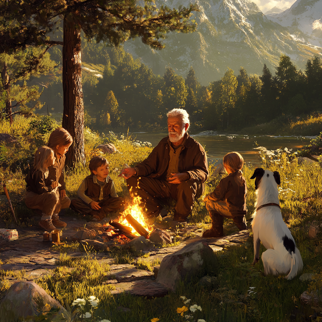 Old man, kids, animals by campfire in nature.