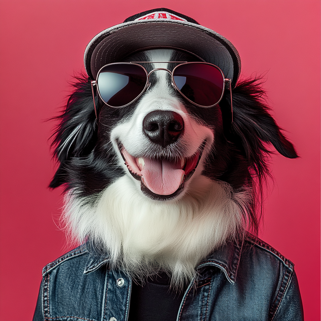 Old man dog in trucker cap smiles.