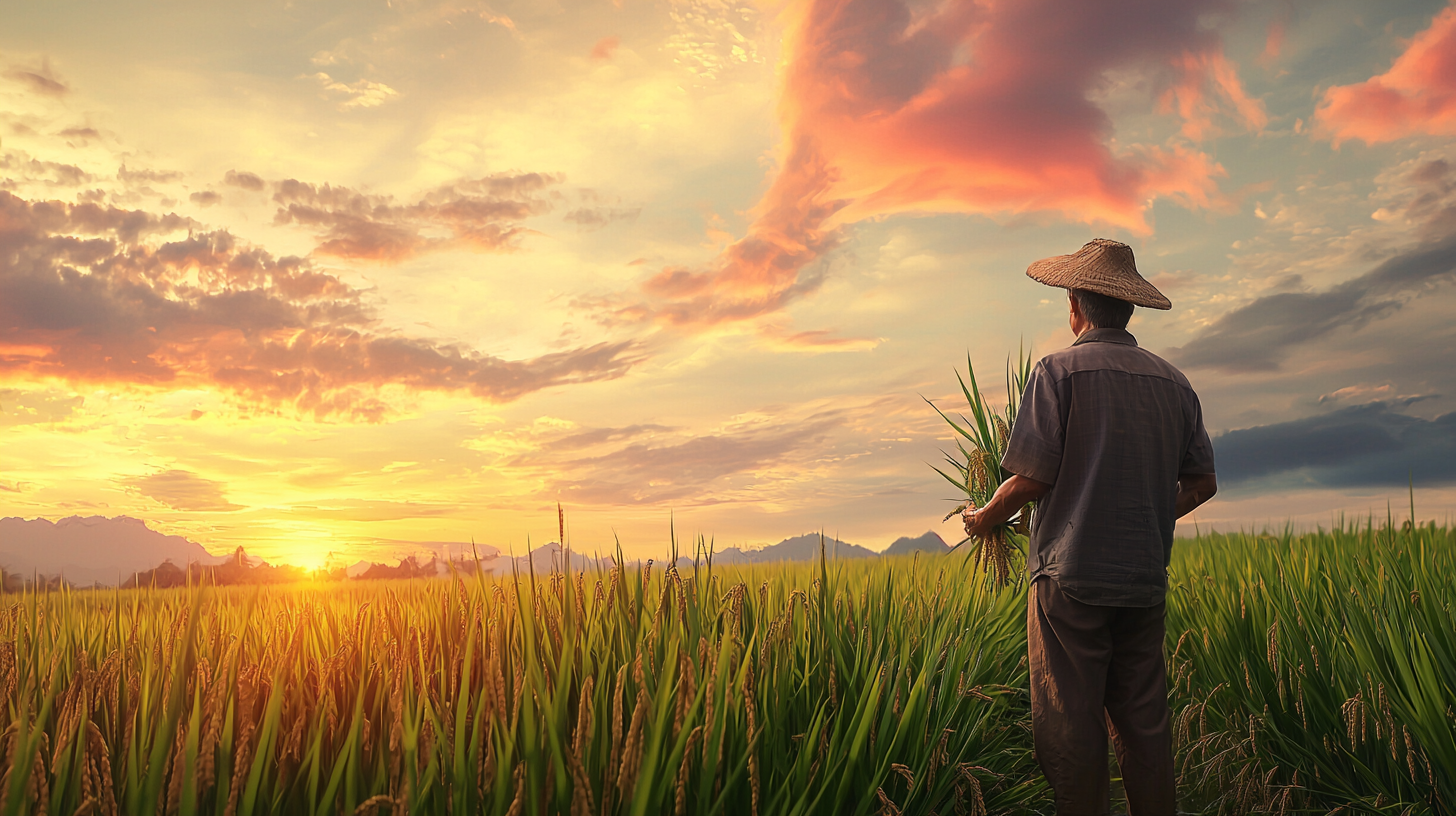 Old man in rice field at sunset, holding plants.