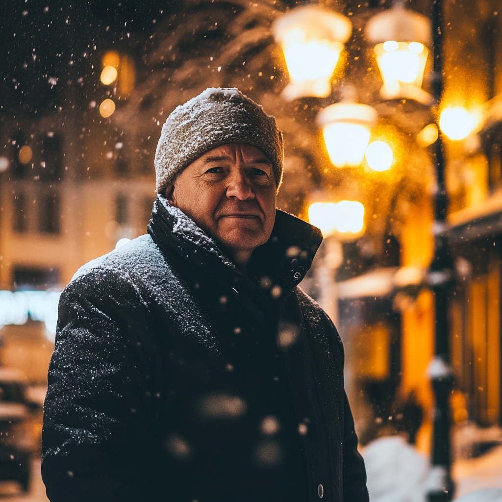 Old man in winter coat standing in snow.