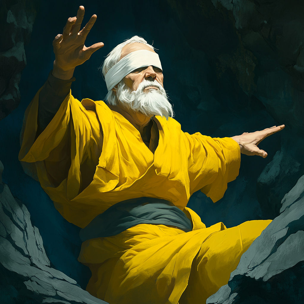 Old man in yellow robe, bandage, arm out, dark background.