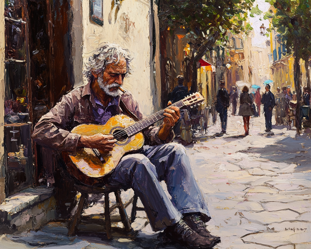 Old man playing guitar outside Cafe while smoking.