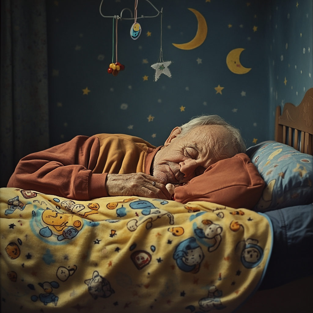 Old man sleeps with blanket and mobile.