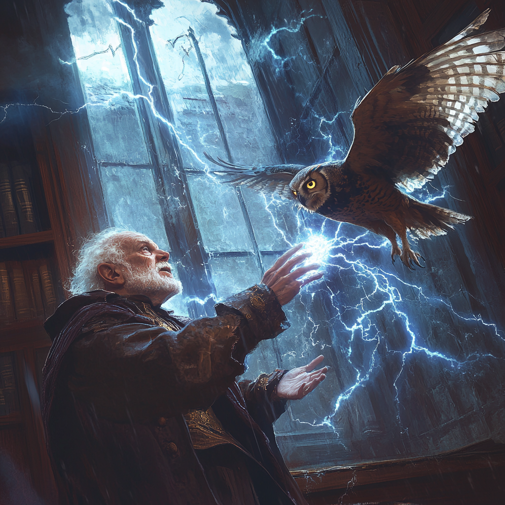 Old man struck by lightning, big owl flying, magic sigil glowing in classroom.