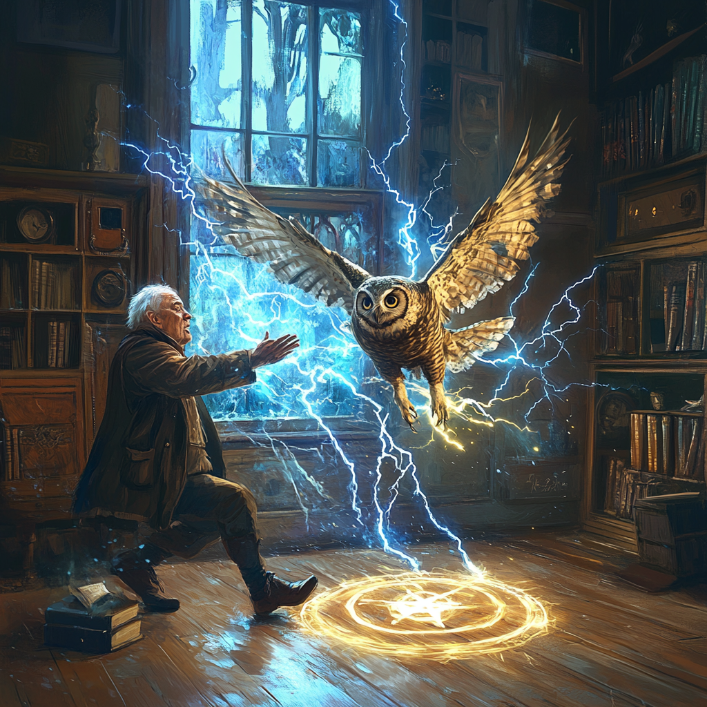 Old man struck by lightning, owl flying, magic sigil.