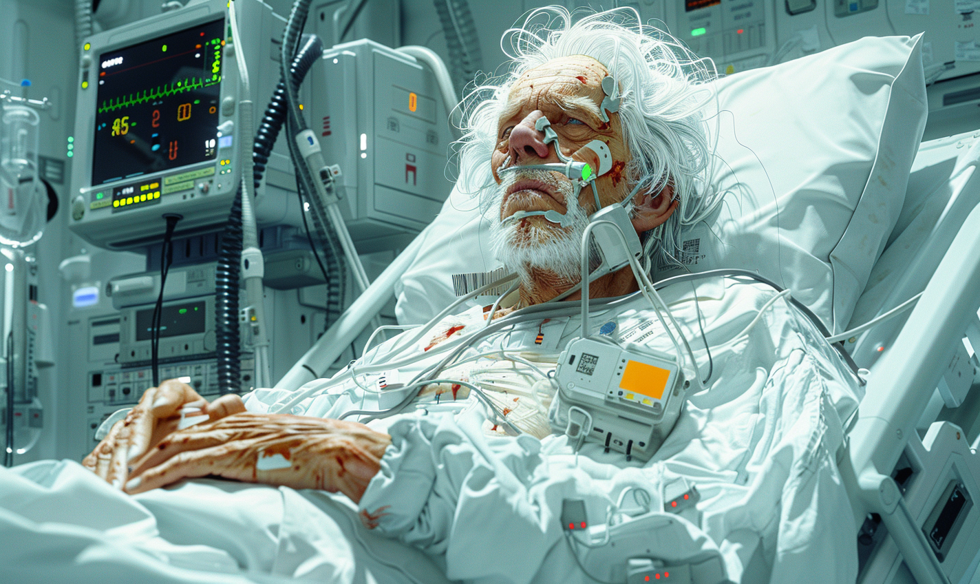 Old man with silver hair lying in hospital bed.