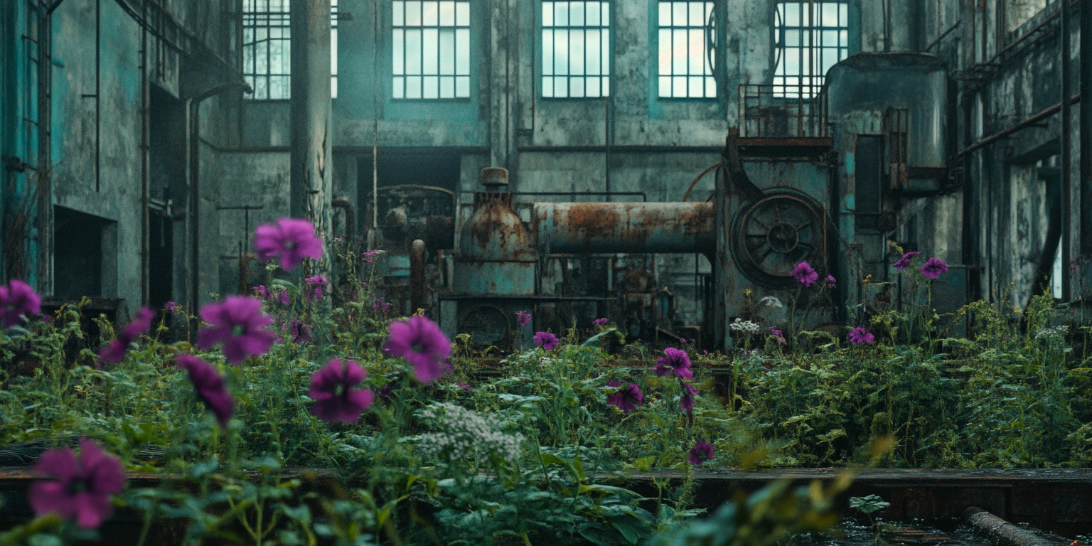 Old manufacturing building with rusted equipment, dull colors.