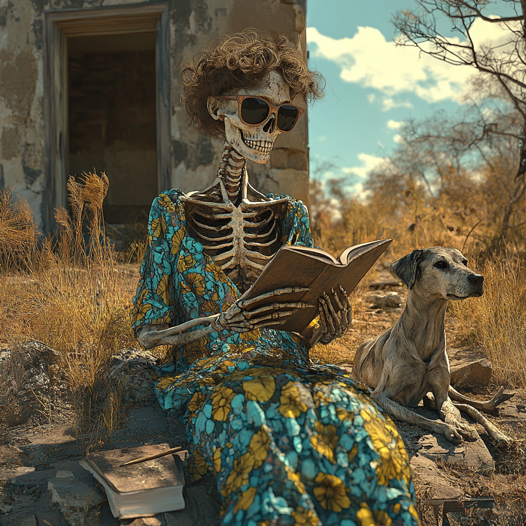 Old skeleton woman in floral dress reads outside decrepit home.