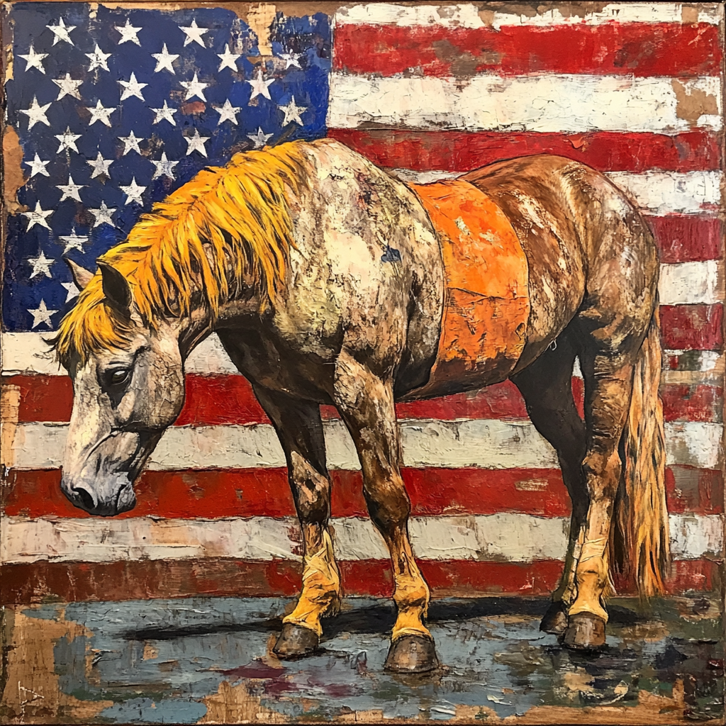 Old tired horse with bandaged knee, orange face makeup, flag background.