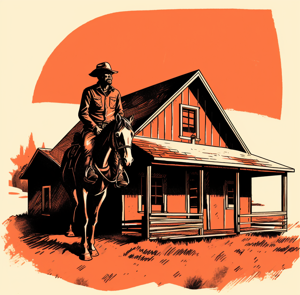 Old west rider on horse under eaves, minimalist retro.