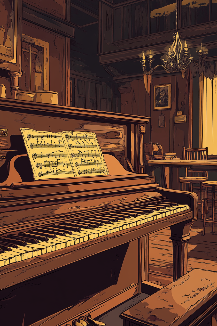 Old west saloon with automatic piano roll cartoon style.