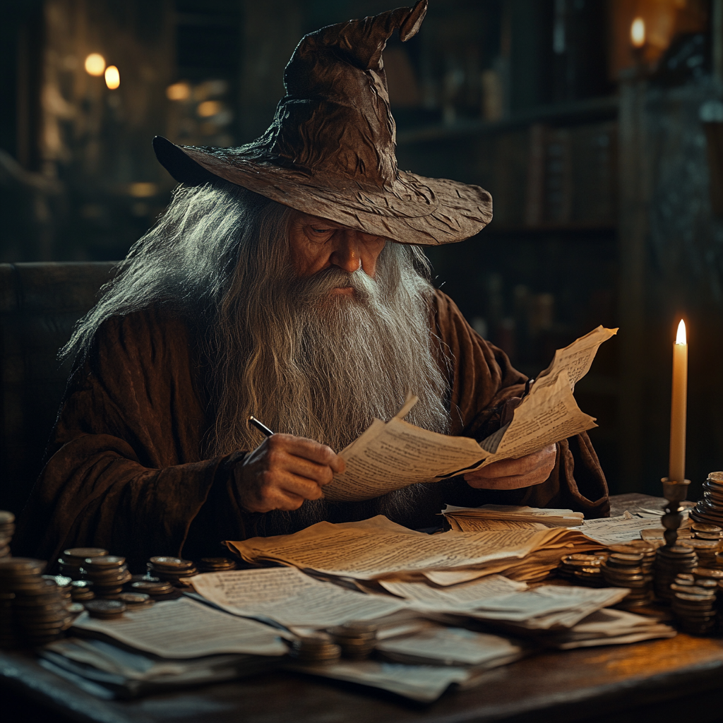 Old wizard in dusty room sorting papers