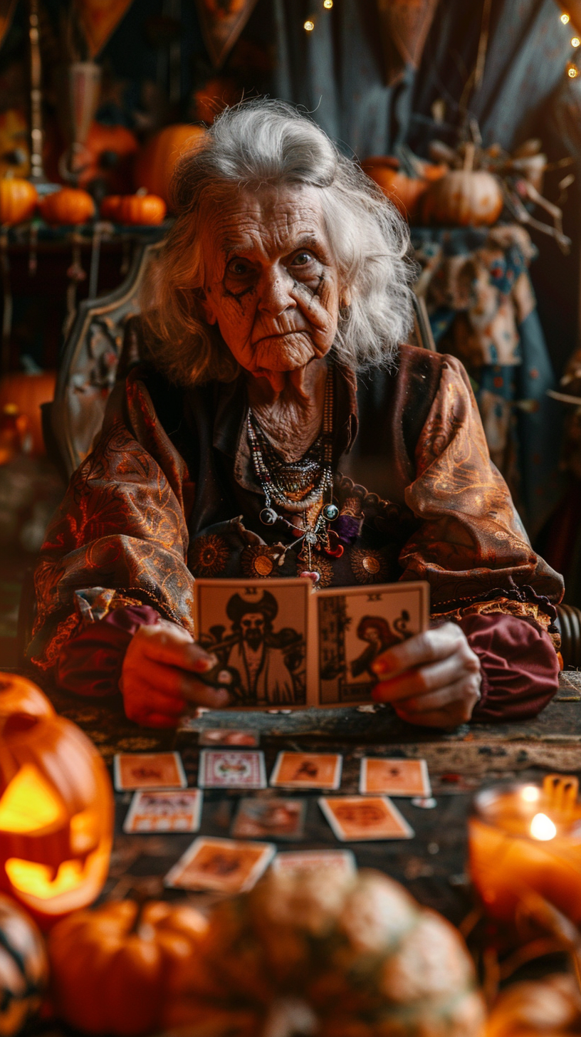 Old woman tarot reader surrounded by pumpkins and candles