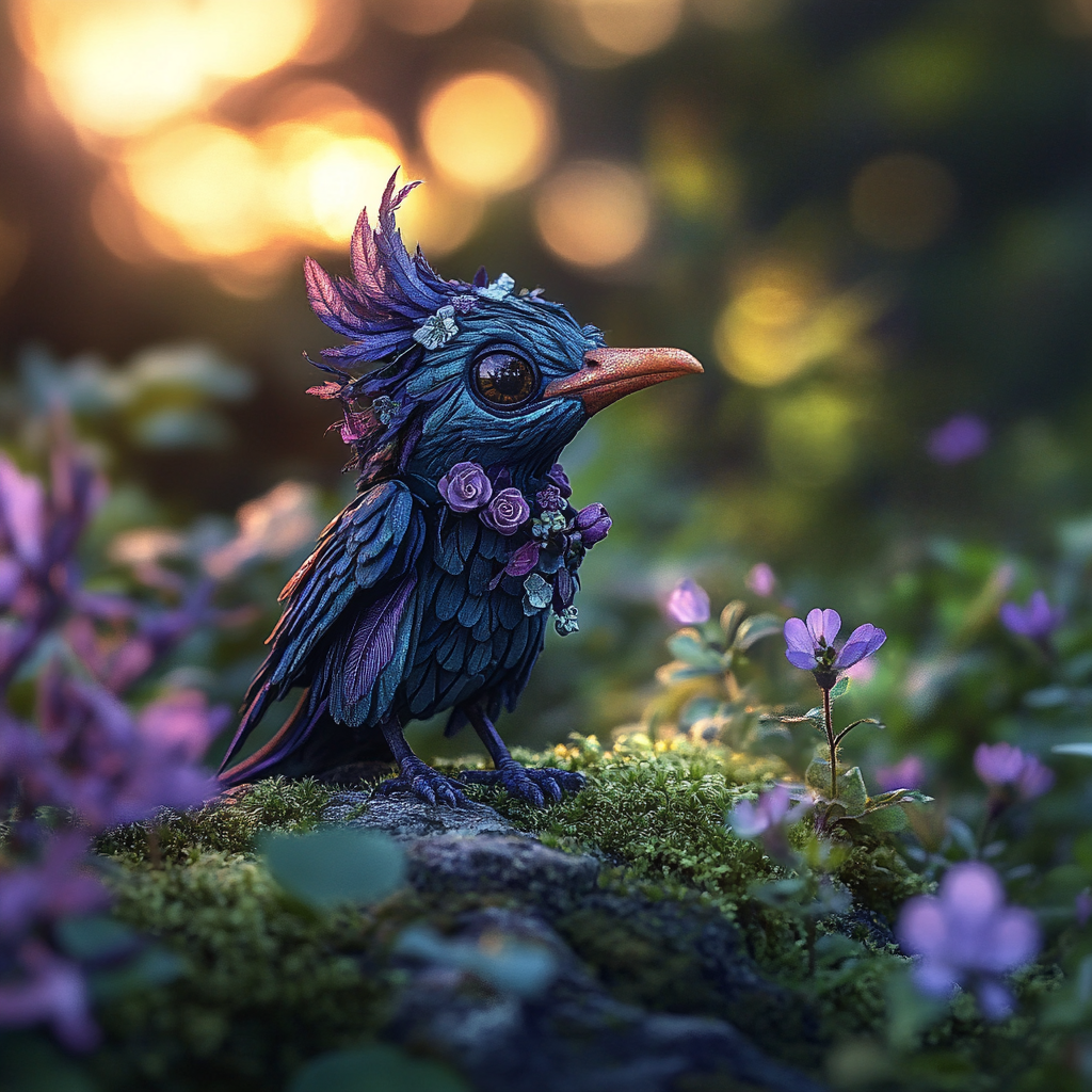 Old wooden blue wren wizard puppet on mossy rock.