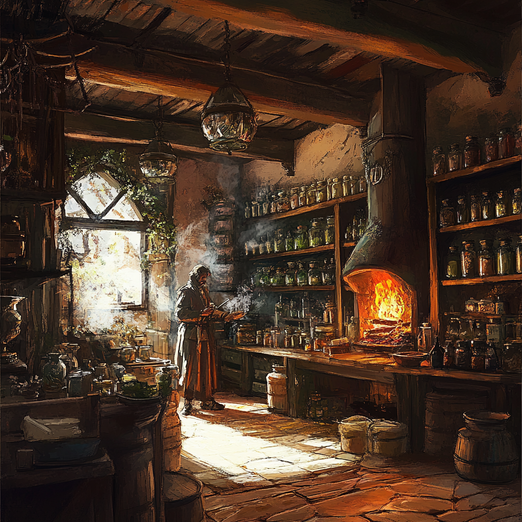 Old-world apothecary shop with herbs, apothecary, fire