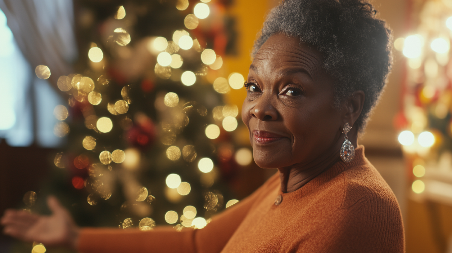 Older African American aunt hugs, Christmas decorations behind.