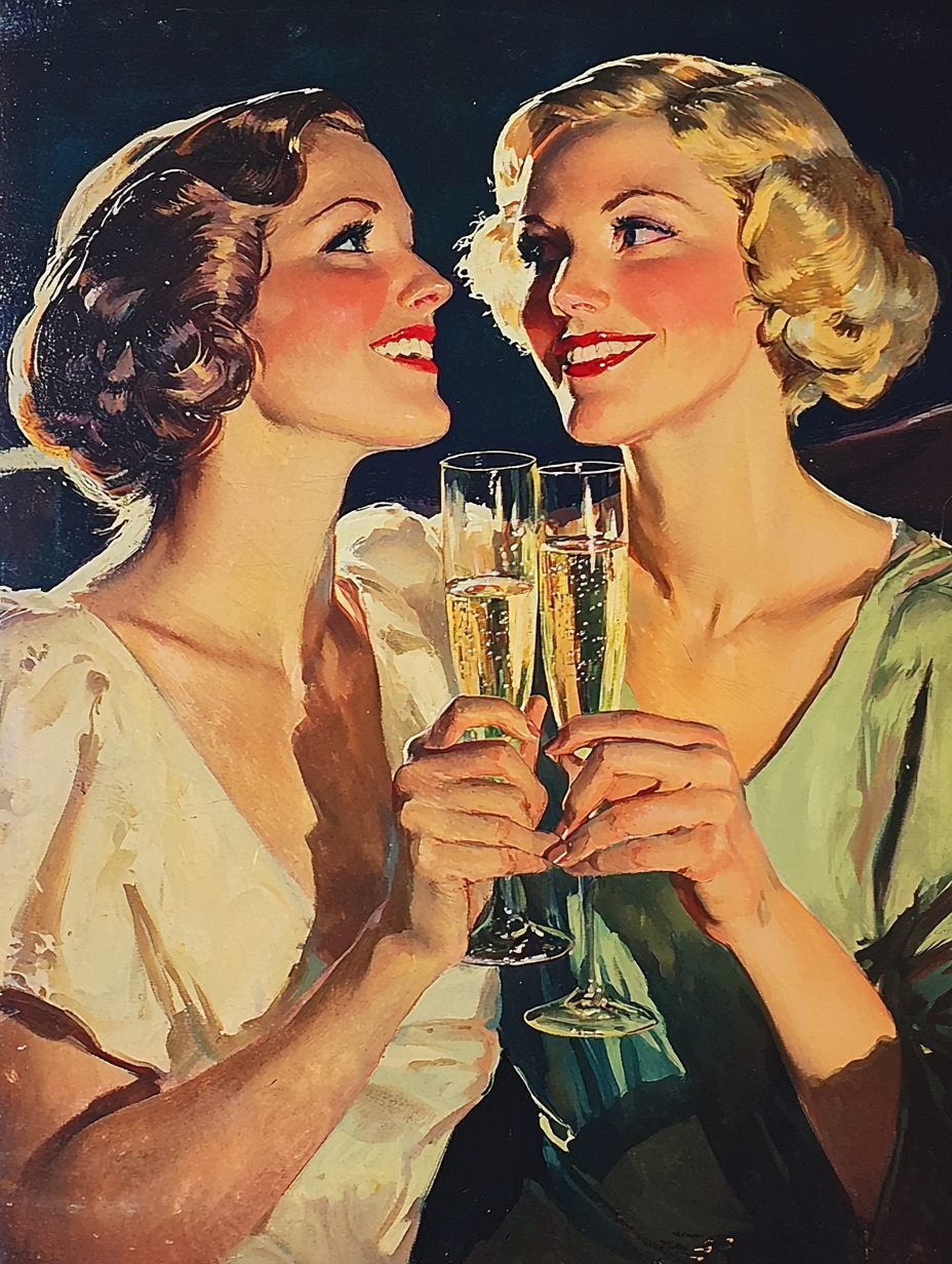 Older lesbian couple celebrating with champagne on book cover.