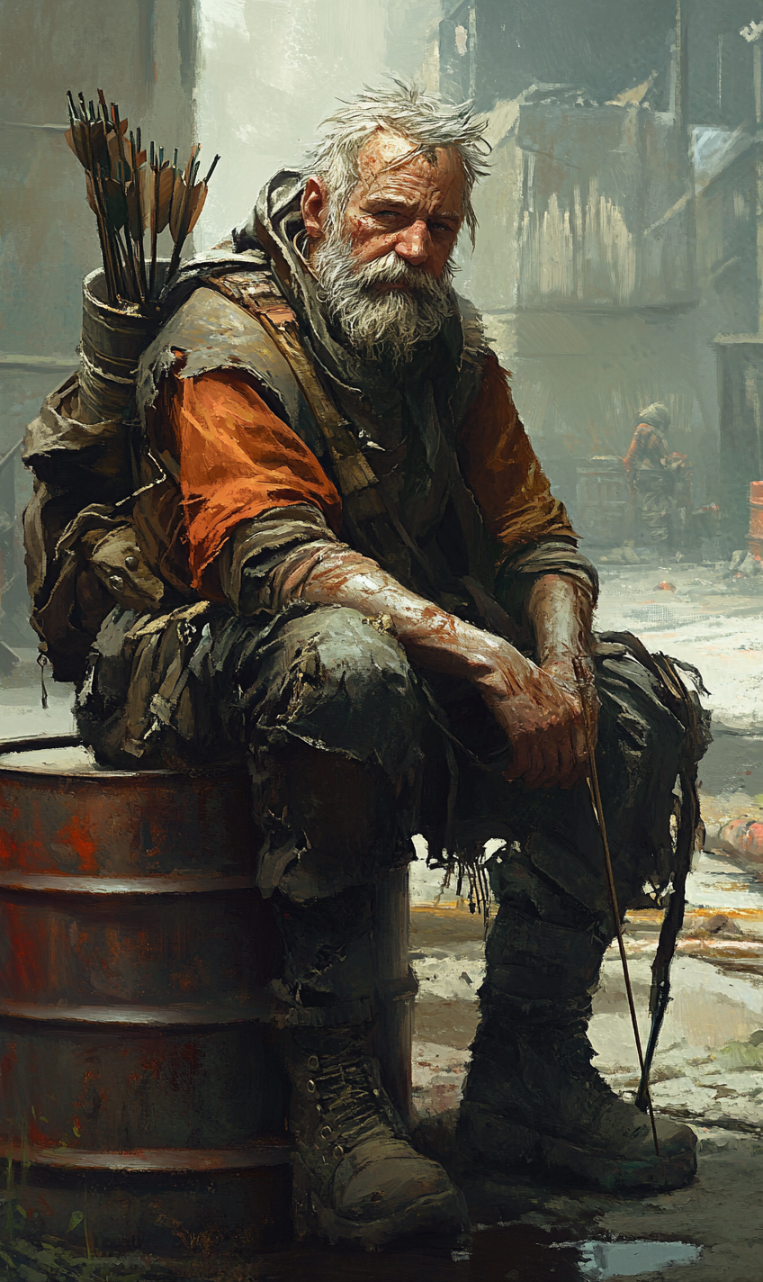 Older man with beard, distressed clothes, bow and arrow.