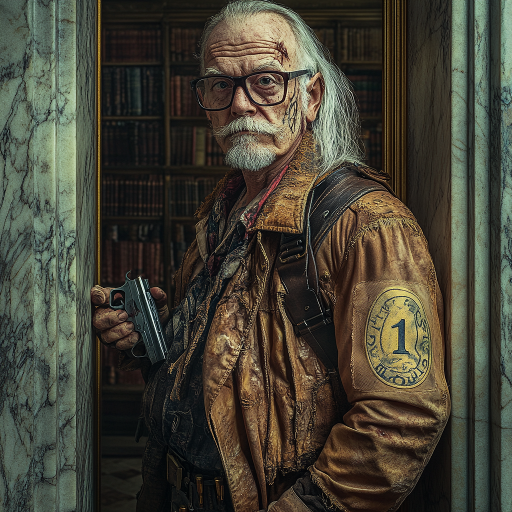 Older man with steampunk revolver in library doorway