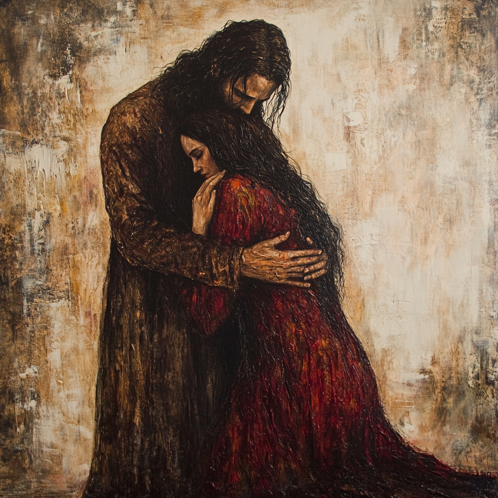 Older woman in red dress hugs compassionate Jesus figure.