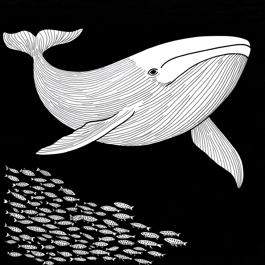 One baleen whale in the sea with sardines.