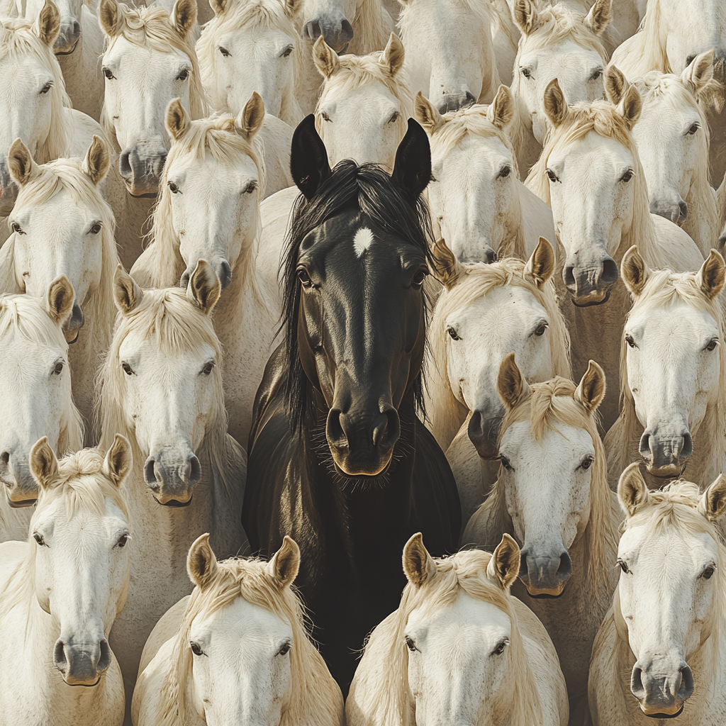 One black horse standing out in center.