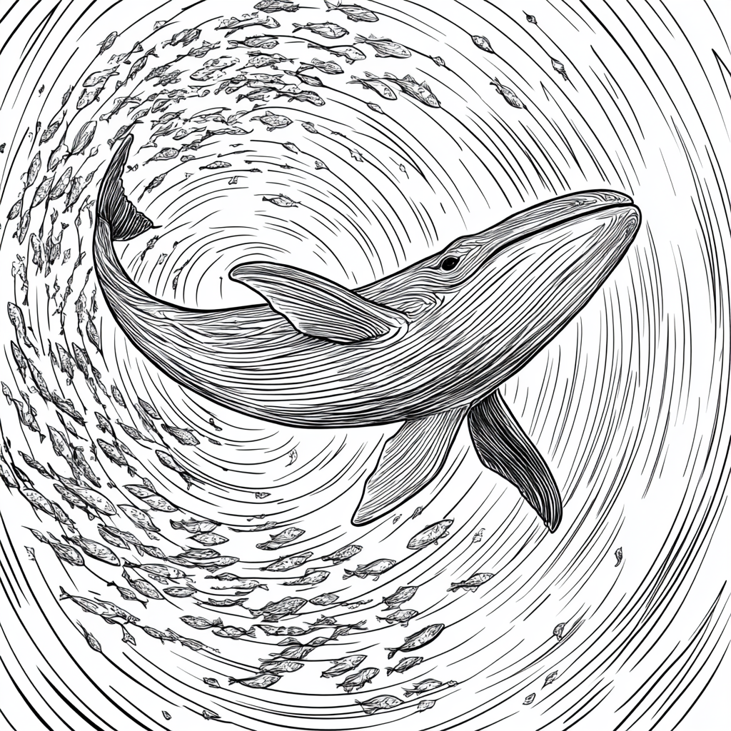 One blue whale among swirling sardines in the sea.